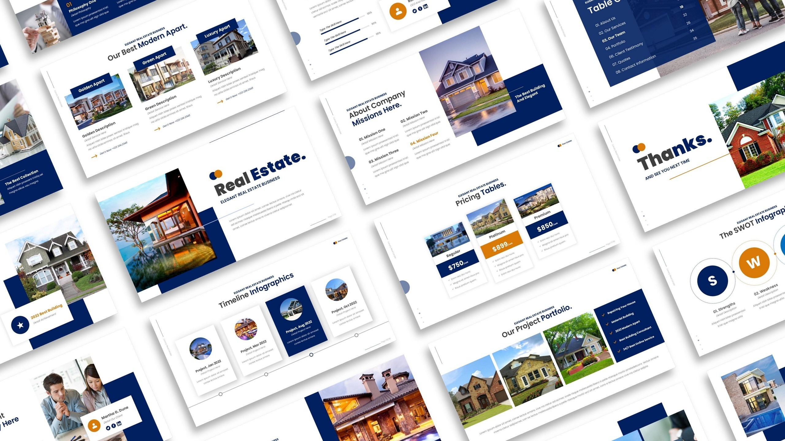 Real estate listing and mortgage PowerPoint presentation template with modern housing visuals and professional layouts.