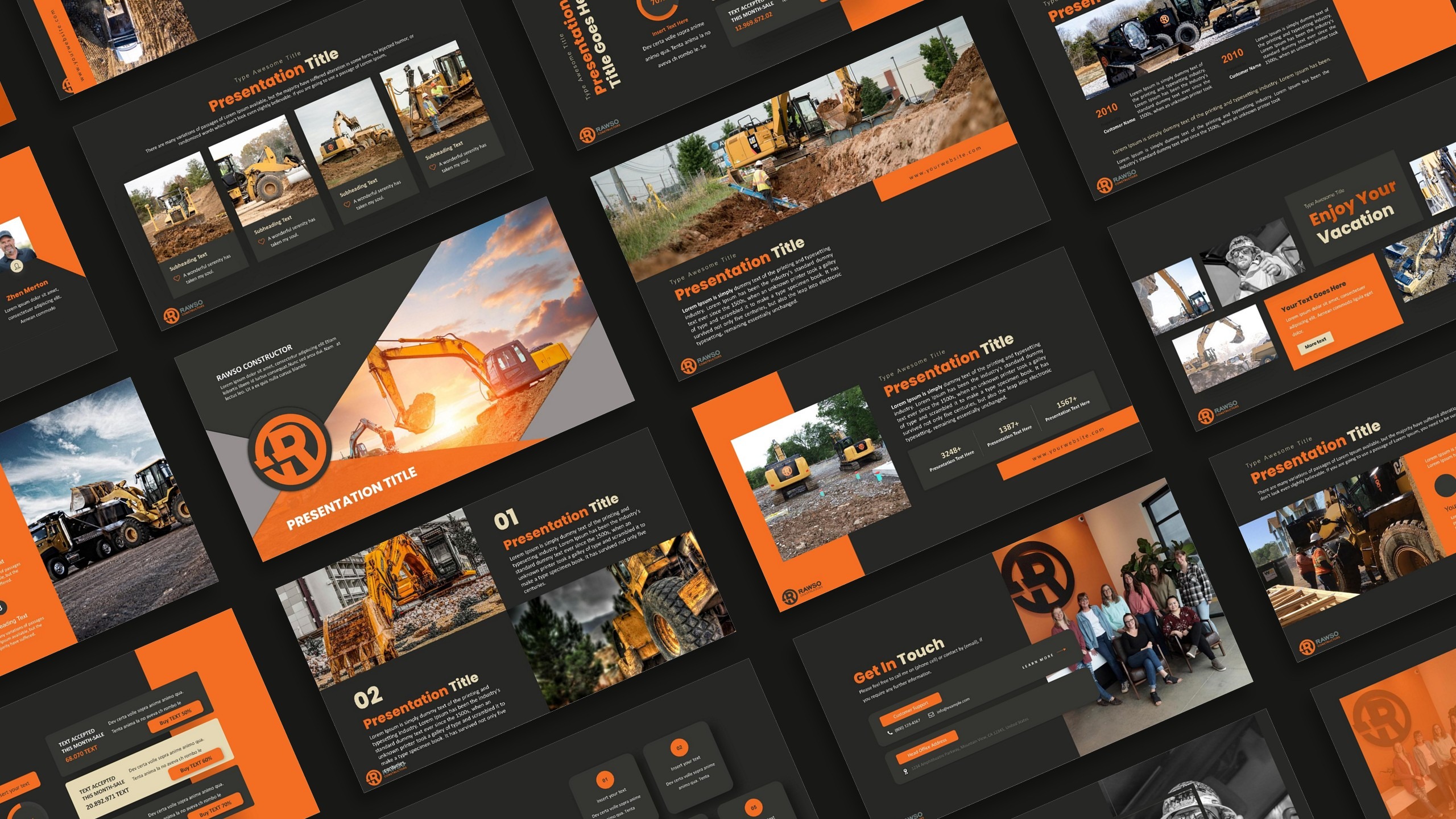 Construction company PowerPoint presentation template featuring heavy machinery, engineering visuals, and modern industrial design.