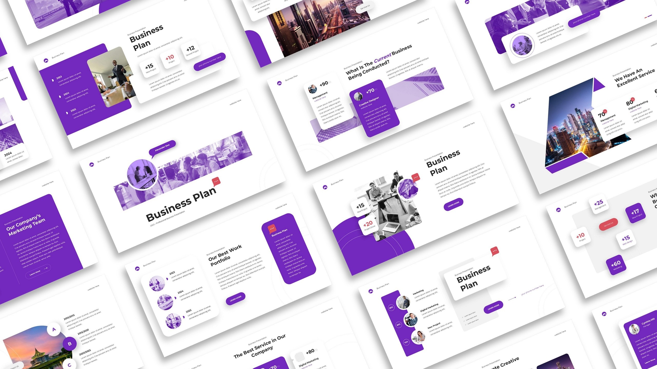 Purple business plan PowerPoint presentation template with modern professional design and clean corporate layouts.