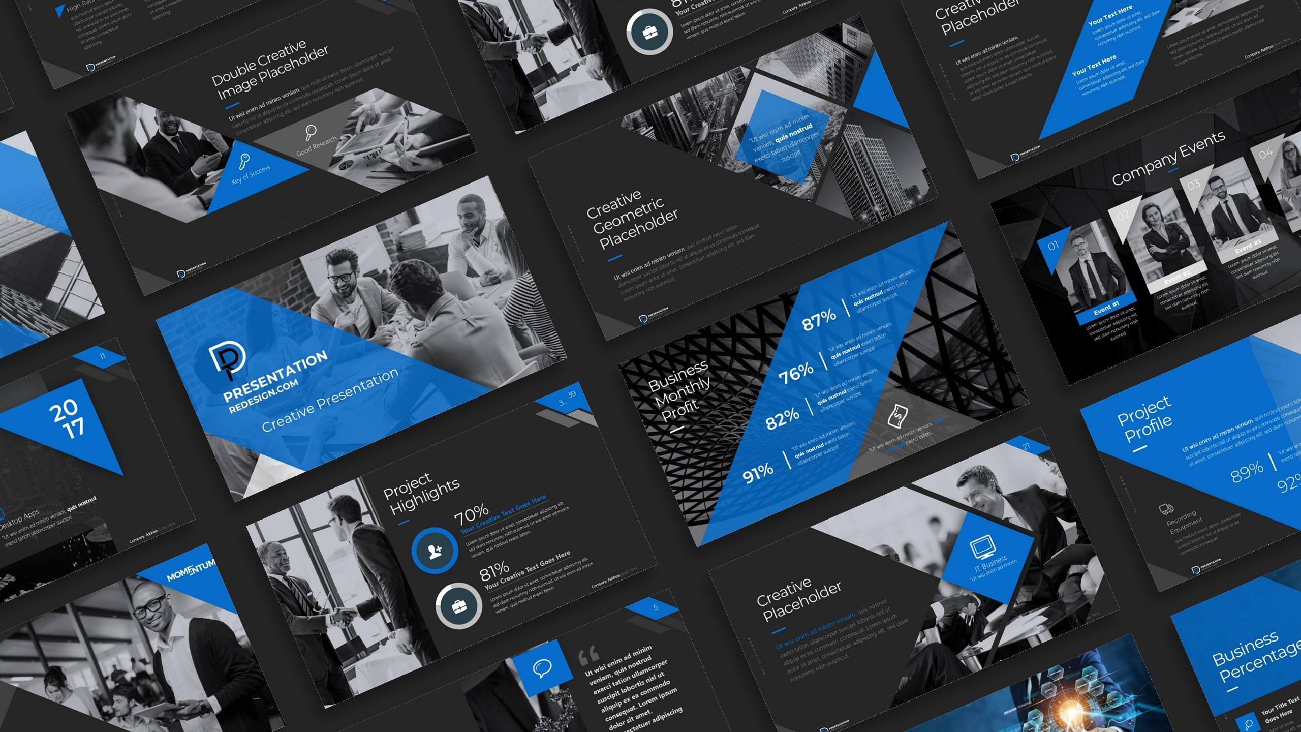 Modern dark-themed PowerPoint presentation with blue geometric tilted shapes and unique corporate design.
