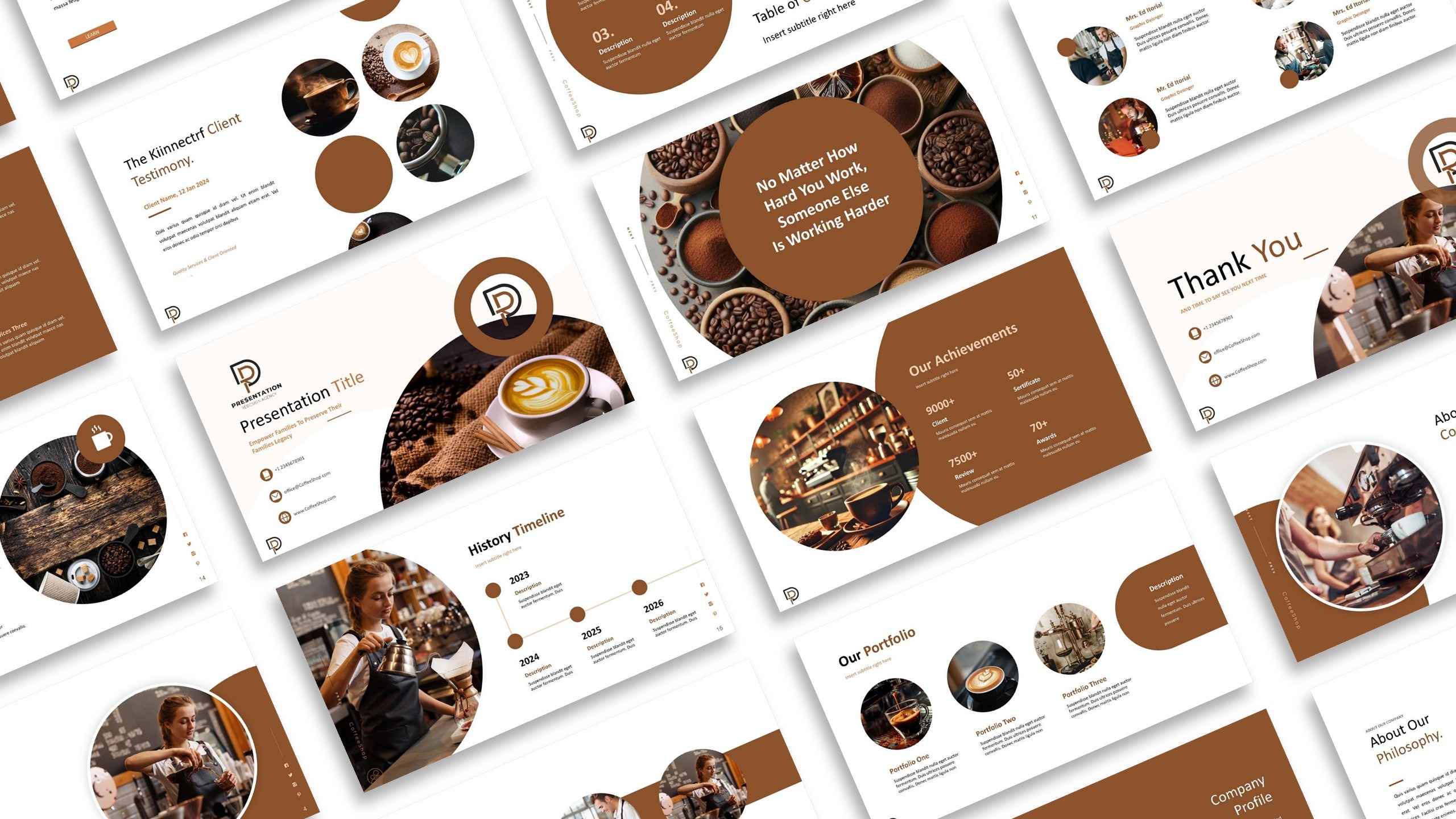 Modern coffee shop PowerPoint presentation with warm tones and café-themed visuals.