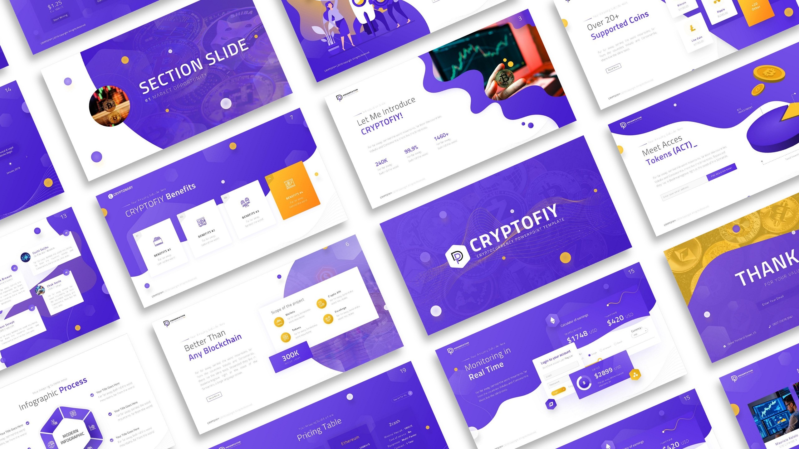 Crypto and blockchain digital PowerPoint presentation template with futuristic tech visuals and modern design.