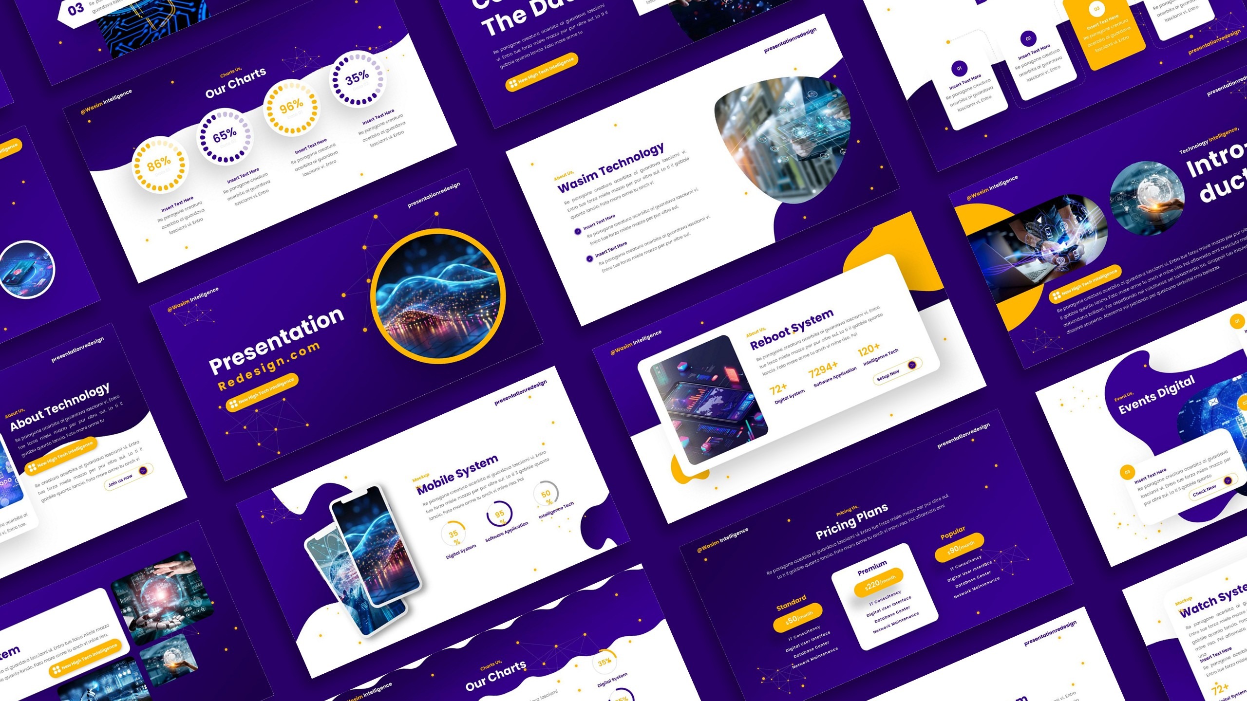 Modern tech PowerPoint presentation template with futuristic digital elements and clean corporate layout.