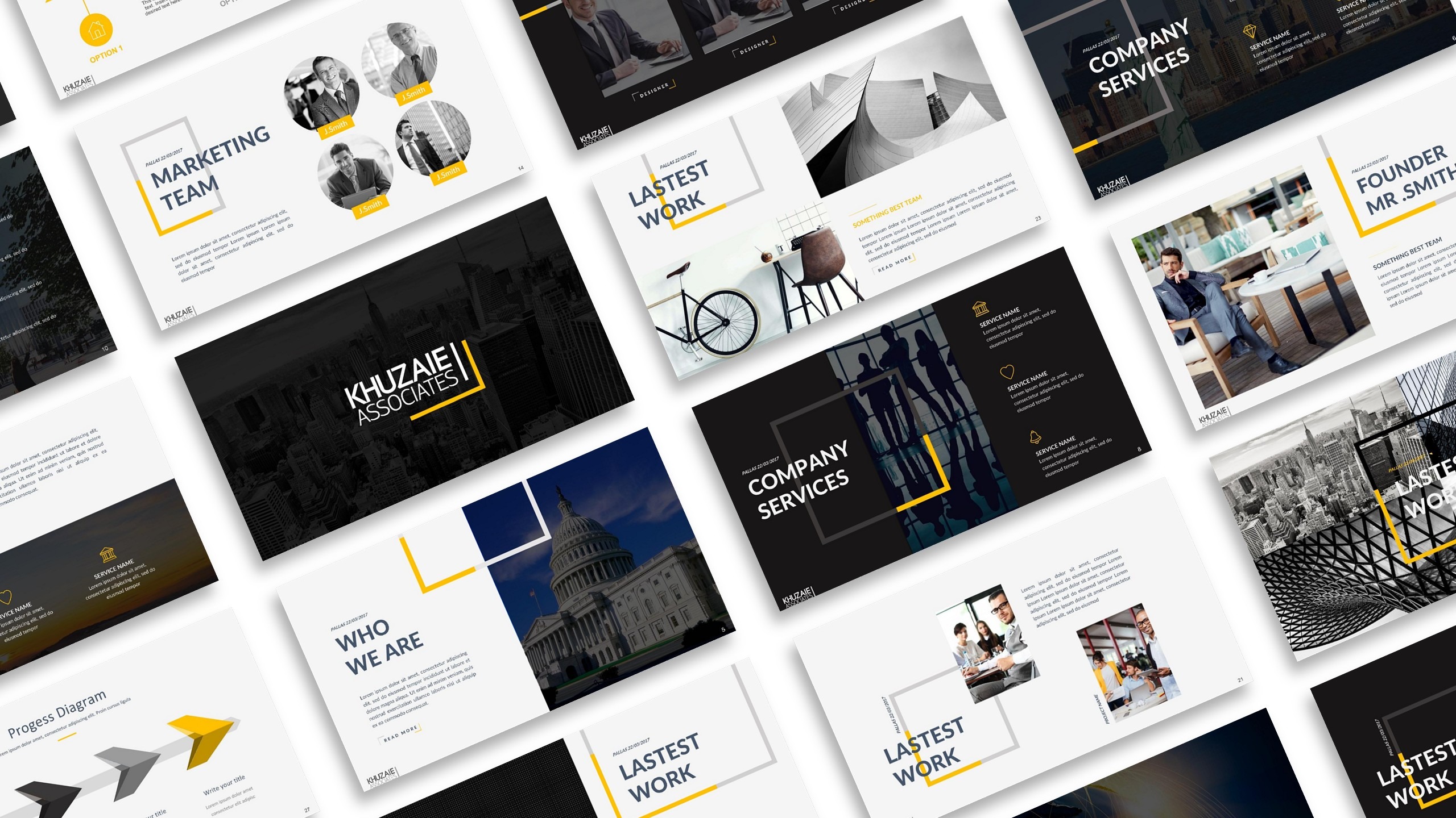 Clean minimal business PowerPoint presentation with white, black, gray, and orange accent color theme.